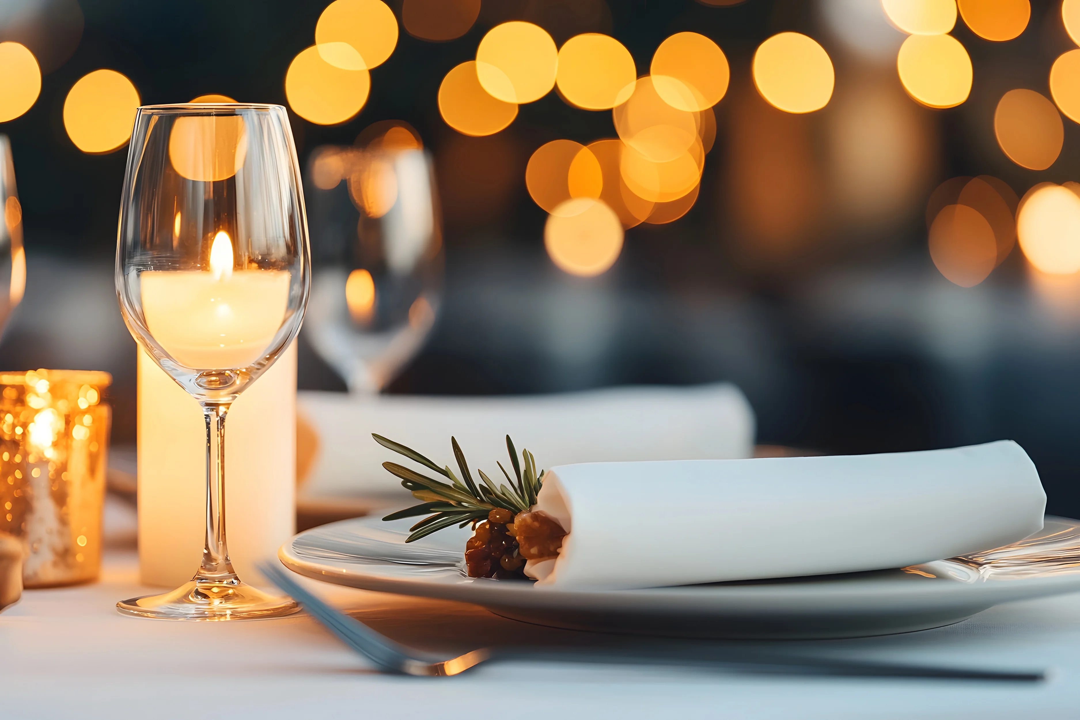 Elegant fine dining restaurant with candlelit tables luxurious decor and a warm inviting ambiance   a premium culinary experience for discerning diners