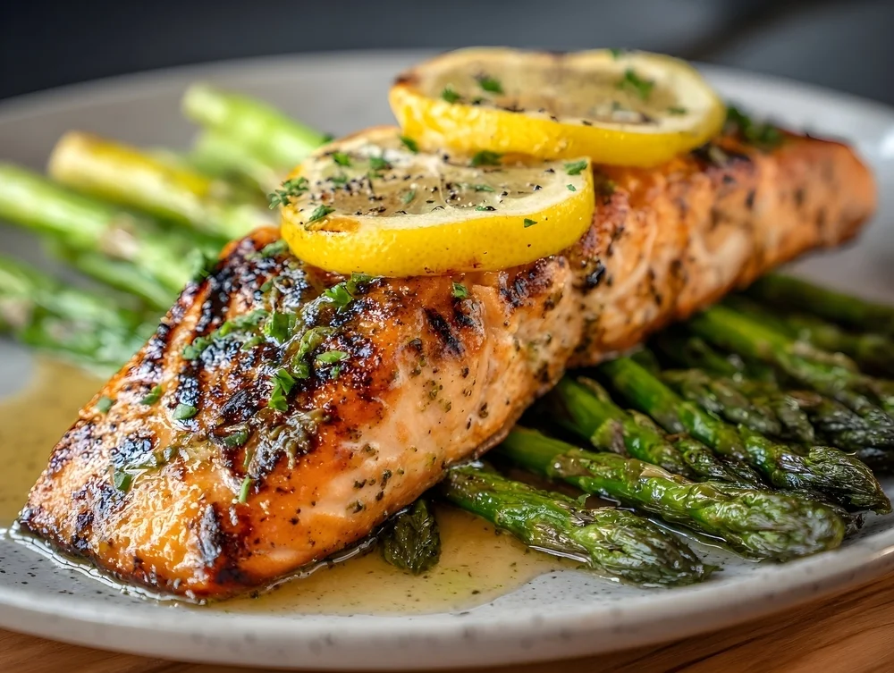 Grilled salmon fillet topped with lemon slices and herbs, served with roasted asparagus and butter sauce on a ceramic plate.
